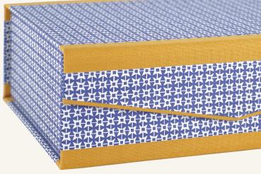 blaue Schachtel "Basti",gelb, Kiste mit Deckel, Handarbeit